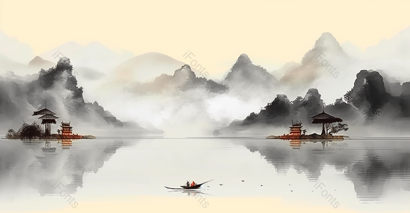 中国风质感山水画古风建筑和湖面上的船只水墨风格风景艺术背景插画,插画/手绘图,插画/手绘图库,插画/手绘图下载,插画/手绘